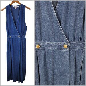 Vintage Overall Wrap Dress Size 6 Blue Denim Jean Midi Long Pockets Womens